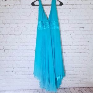 GORGEOUS teal pleated asymmetrical halter dress